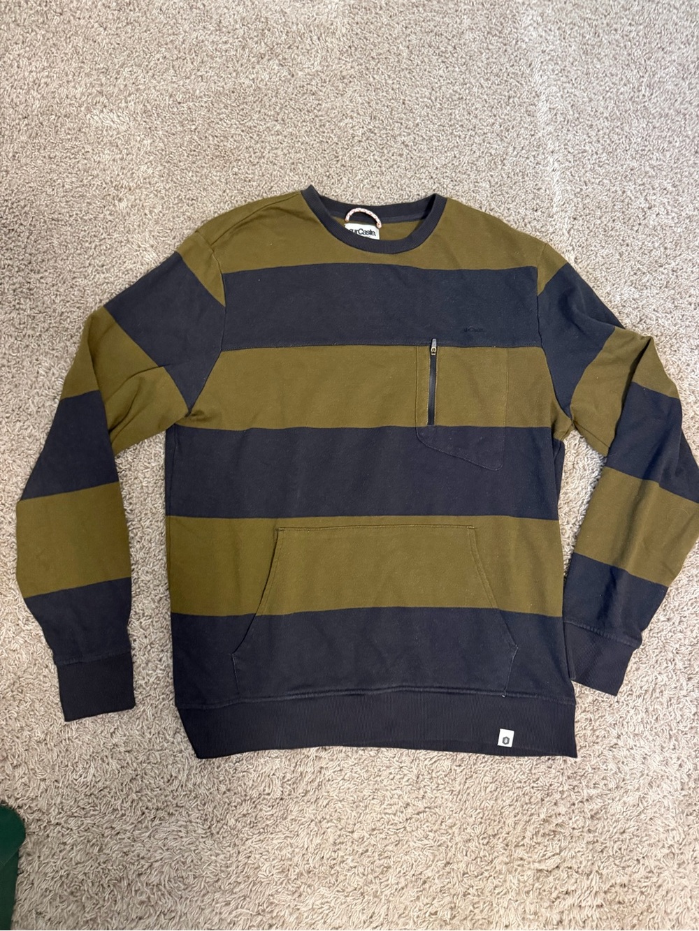 OurCaste Striped Olive & Navy Crewneck Sweatshirt with Kangaroo & ChestPocket